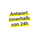 Schriftzug Antwort innerhalb von 24h ist leicht schräg geschrieben und gelb unterstrichen.